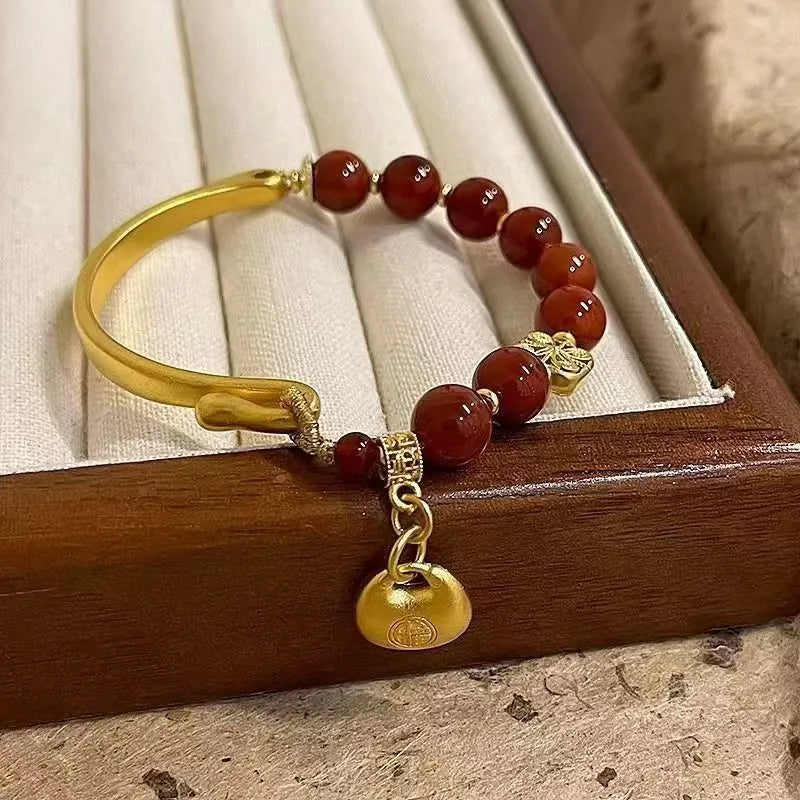 Golden South Red agate character ingot bracelet women's antique style accessory with manual craftsmanship