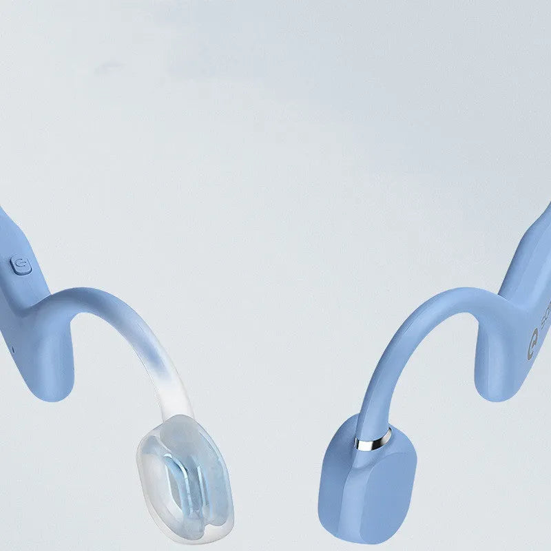 Bone conduction Bluetooth sports headset hanging around a neck, shown in multiple colour options.
