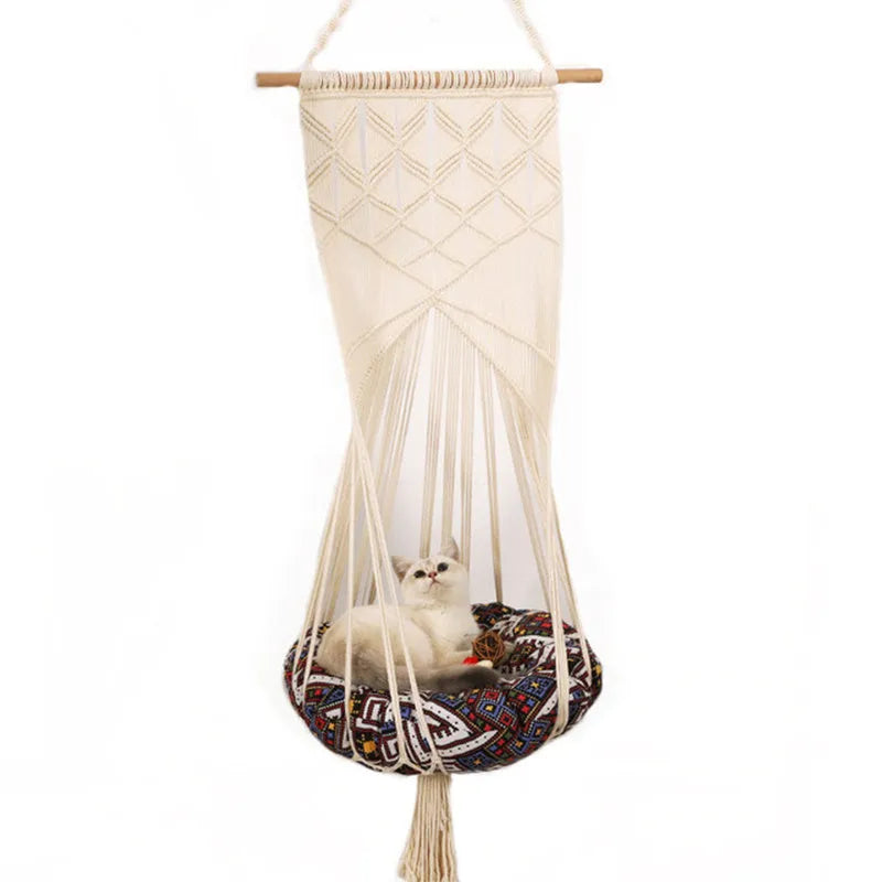 Handmade macrame pet swing cage rectangular plain pattern cotton rope hanging bed for cats