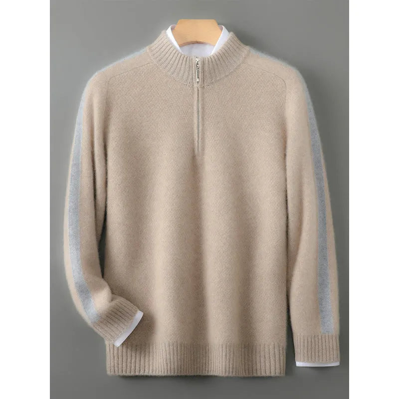 A plus-size slim-fit sheep wool sweater with a half zip and round neck, shown in Raw Velvet Camel colour.