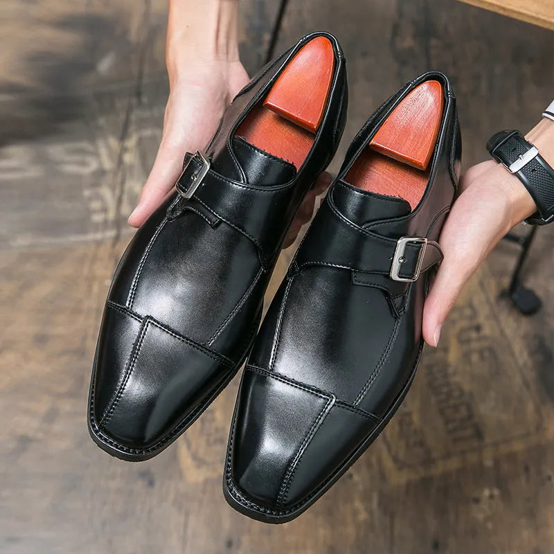 Men's brown blue and black retro buckle casual leather shoes with tall crown design
