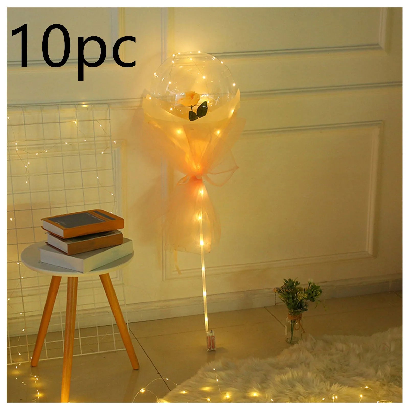 DIY LED luminous transparent balloon rose bouquet kit with artificial flowers and lights for assembly.