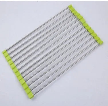 Folding stainless steel kitchen sink drain rack with coloured PP plastic tubes in collapsed and expanded positions