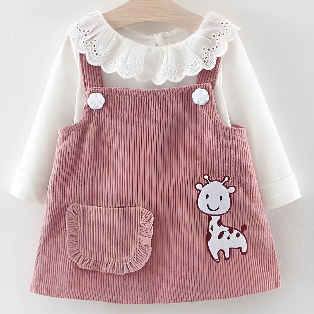 Baby girl cotton suspender dress two piece set in yellow with animal design
