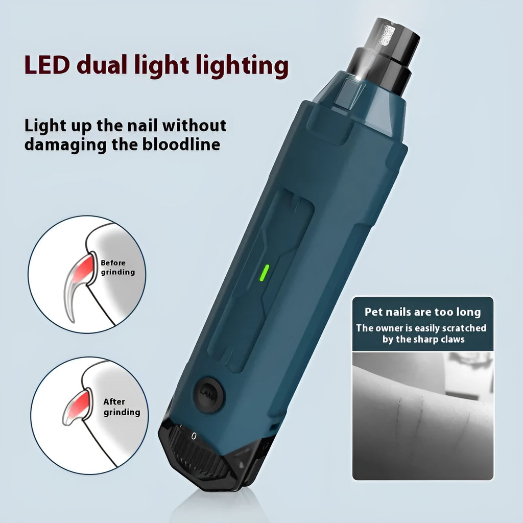 Dark blue USB-powered pet nail grinder with LED light and rotary speed control knob