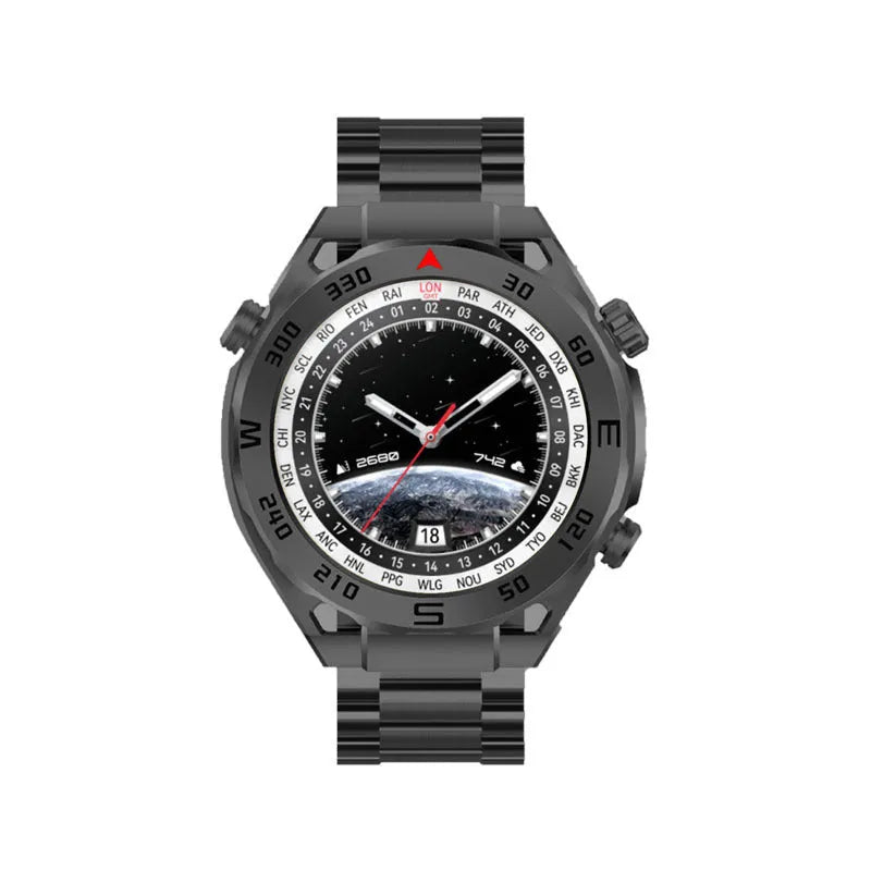Smart phone Bluetooth sports watch with 1.39 inch screen, zinc alloy IML case, liquid silicone steel belt strap, in Black, Gold, or Silver.