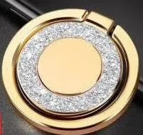 Sparkling bling glitter metal phone holder ring showing rotation, attached to a smartphone.