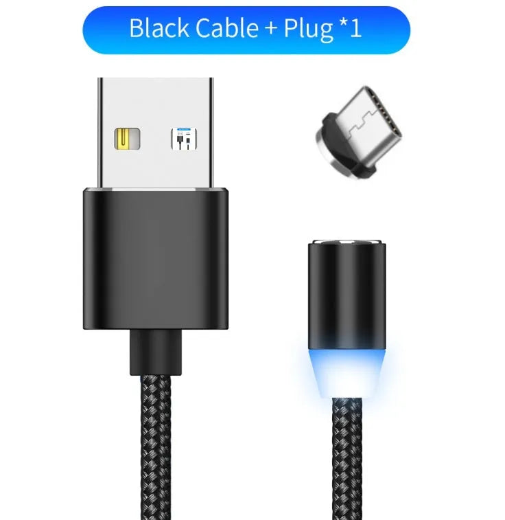 1 metre magnetic LED charging cable with cotton woven cord and three-in-one connector in aluminium shell