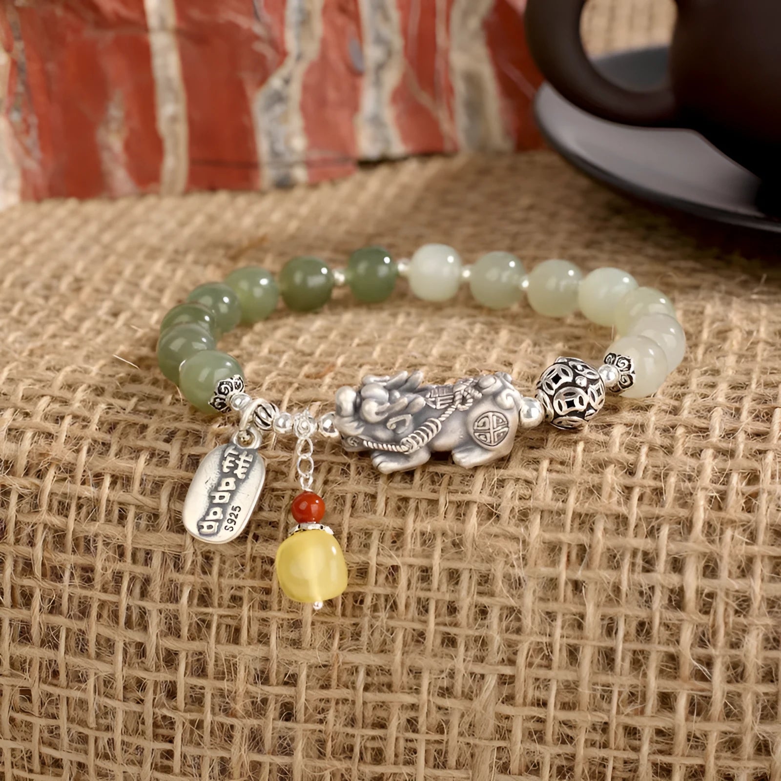 Pure silver retro coin bracelet with genuine 8x7mm Hetian jade stones in natural colour