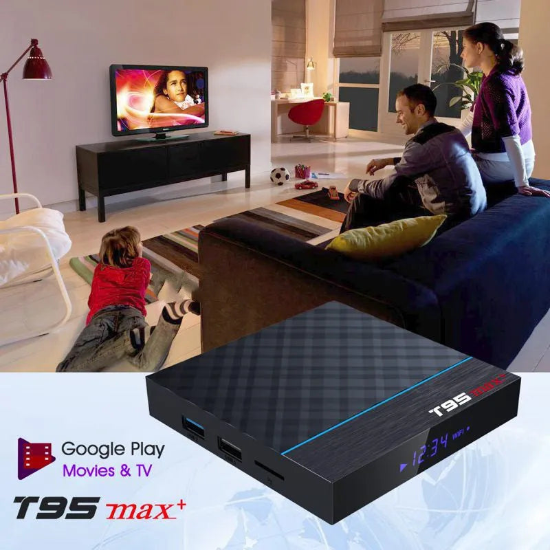 Black T95 Max Plus Android TV box with remote control, showing rear ports for HDMI, USB, and power.