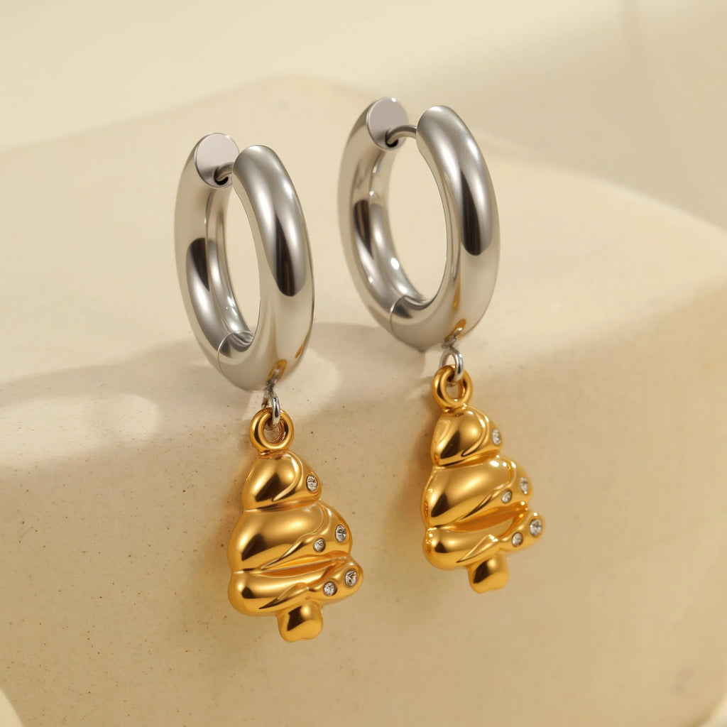 Women's stainless steel earrings with 18K gold plating in heart, star, and Christmas tree shapes.