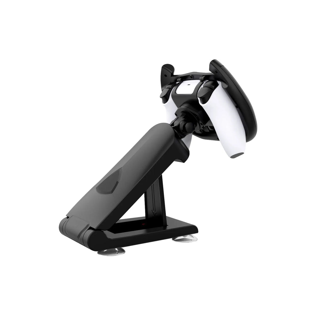 Black ABS plastic gamepad steering wheel bracket with suction cup, holding a smartphone.