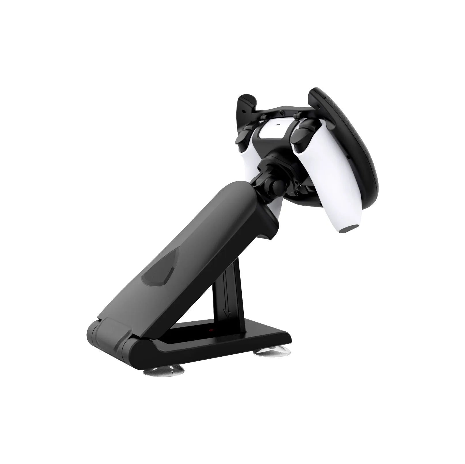 Black ABS plastic gamepad steering wheel bracket with suction cup, holding a smartphone.