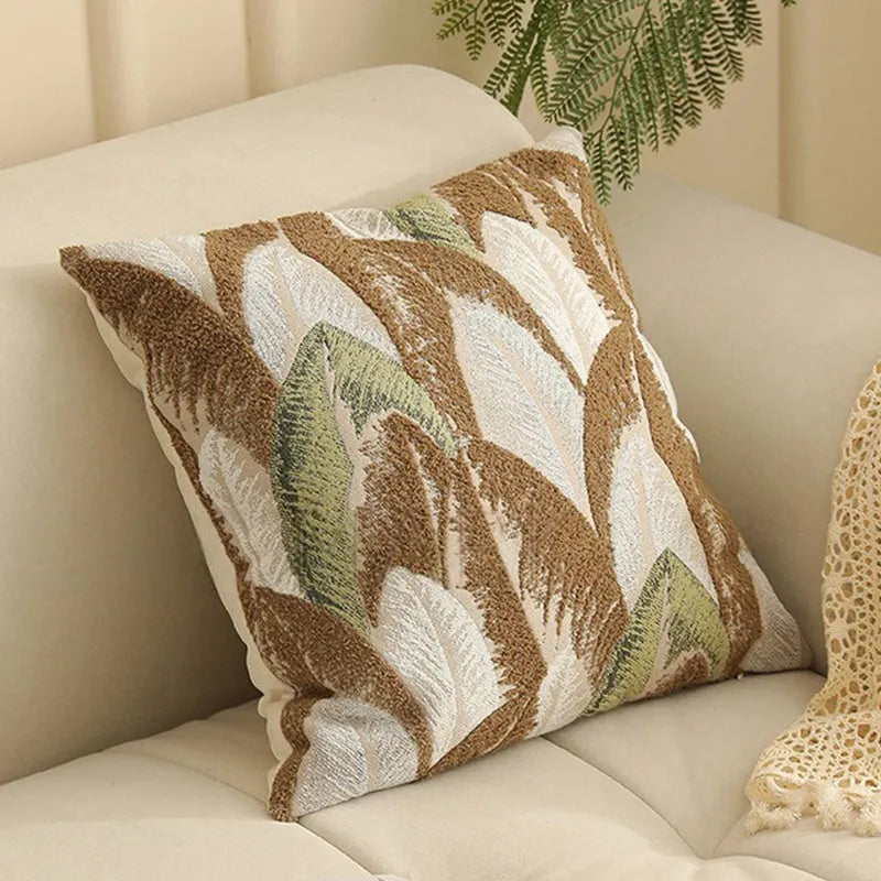 Close-up of a textured jacquard floral pillow cover in a 45cm square size, showcasing yarn-dyed pattern details.