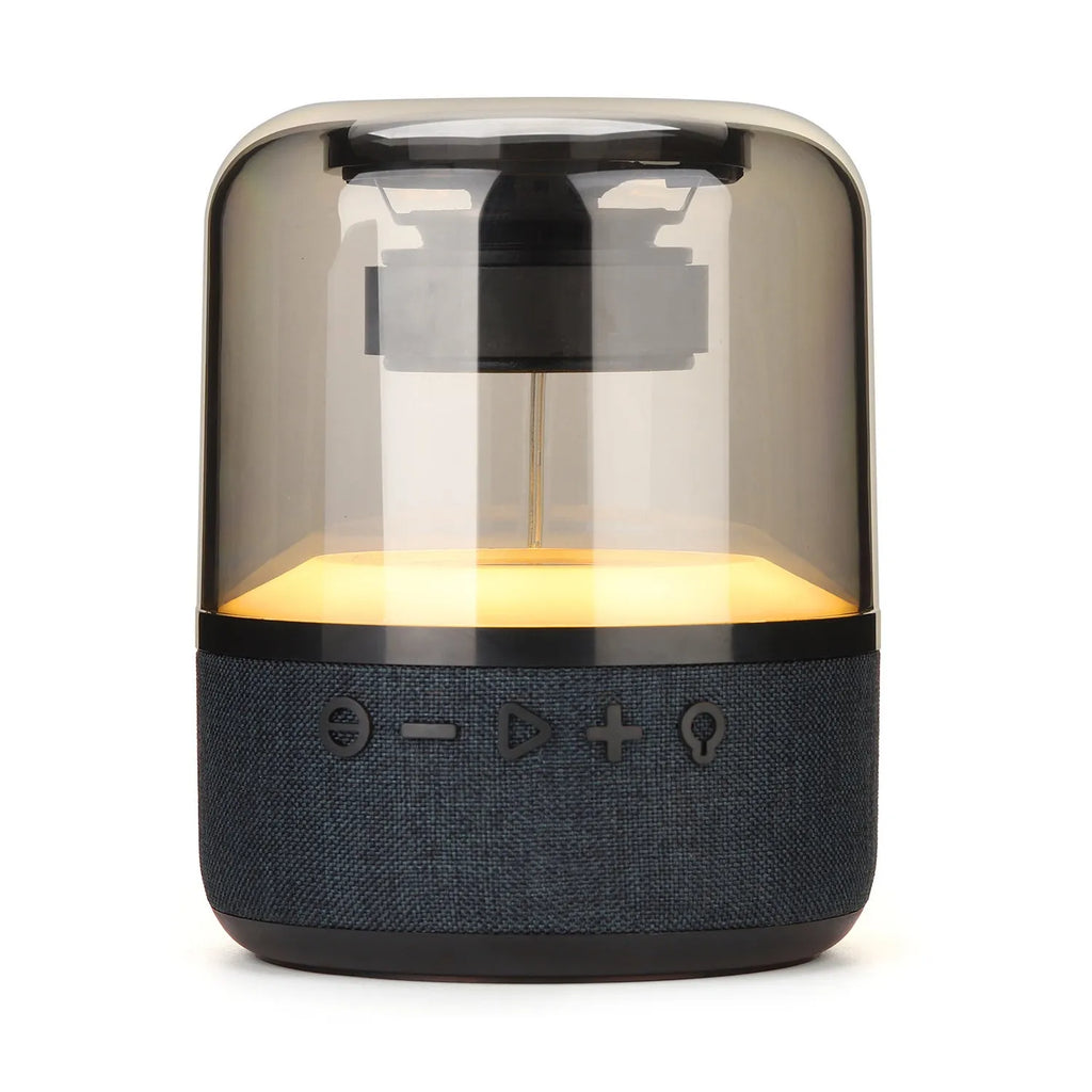 Black portable Bluetooth speaker with multi-colour LED light ring and control buttons on top.