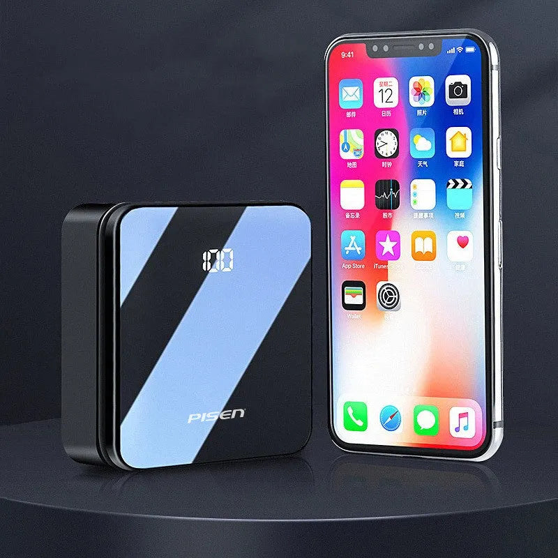 20000mAh black polymer power bank with built-in cable and screen display, 87x87x33mm size