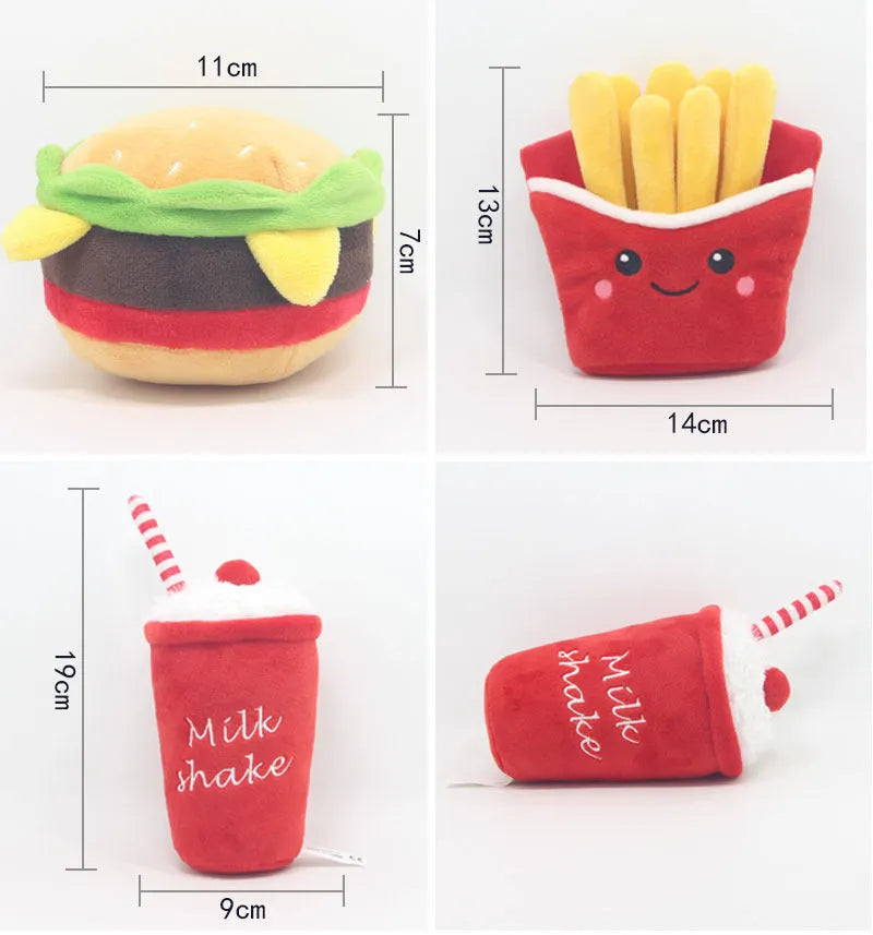Soft plush pet toy with sound in hamburger, french fries, or milkshake cup design.