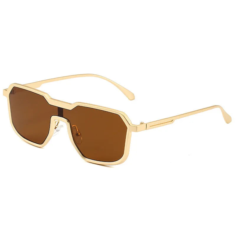 Punk metal sunglasses for men with gold frame and gray piece lenses, personality style