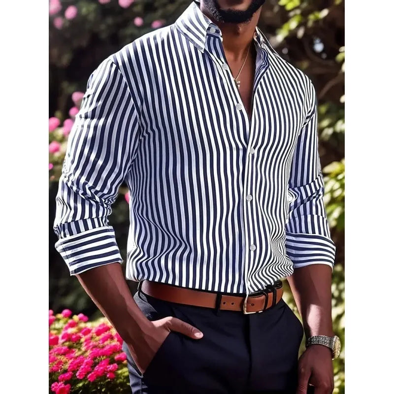 Men's slim fit striped long sleeve polyester shirt in youth fashion business commute style