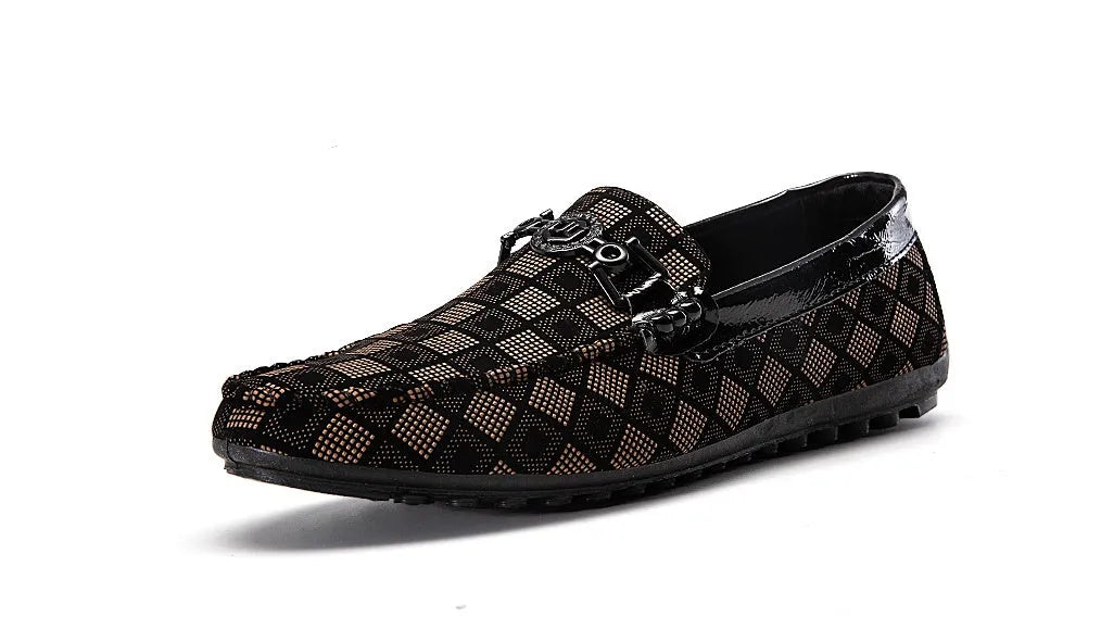 Men's plaid slip-on shoes with artificial PU uppers, flat heel, and cotton lining in black colour