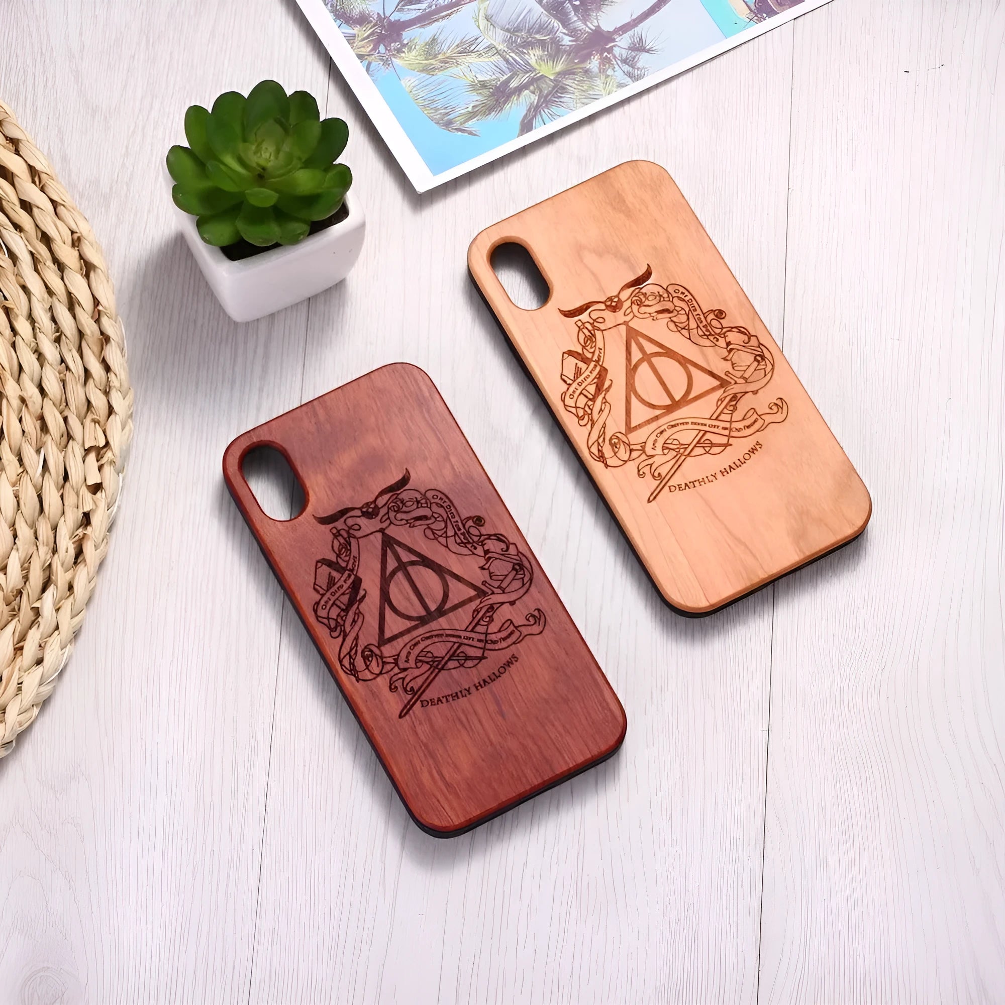 Laser-carved wooden phone case with TPU backing in cherry wood or rosewood finish for iPhone and Samsung