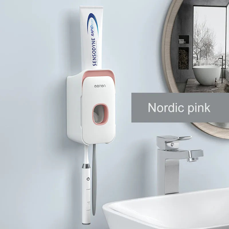 Automatic toothpaste dispenser in blue colour mounted on a bathroom wall
