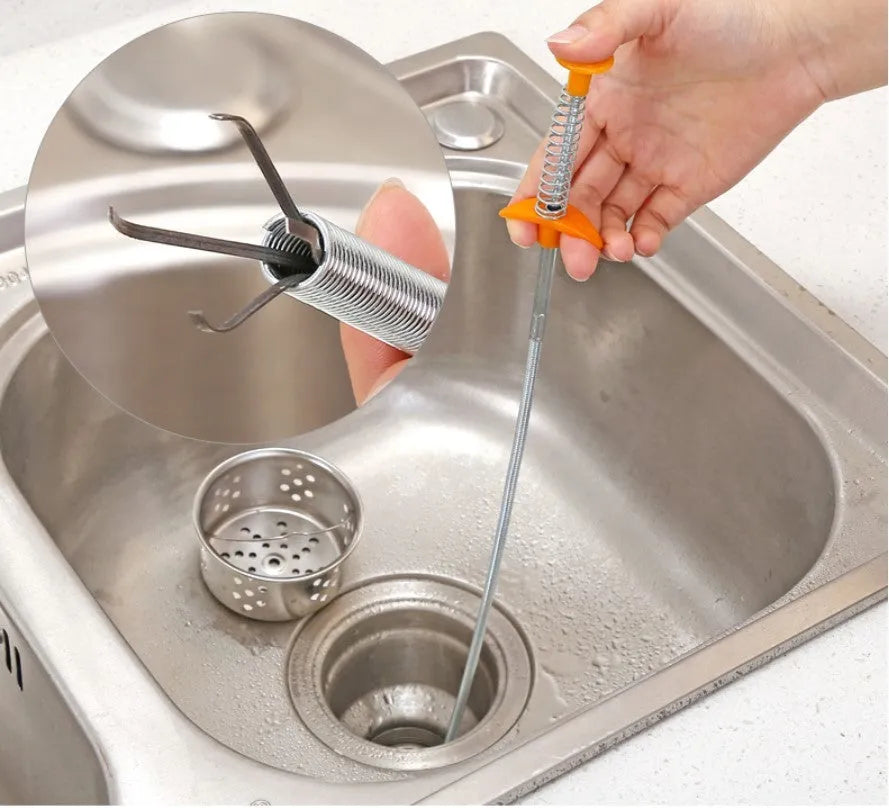 Flexible drain cleaning spring tool with gripped handle for removing hair from pipes