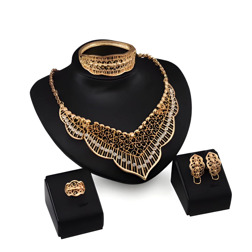 Wild style alloy necklace and earrings set in gold colour with diamond-cut finish and mixed gem inlay pendant