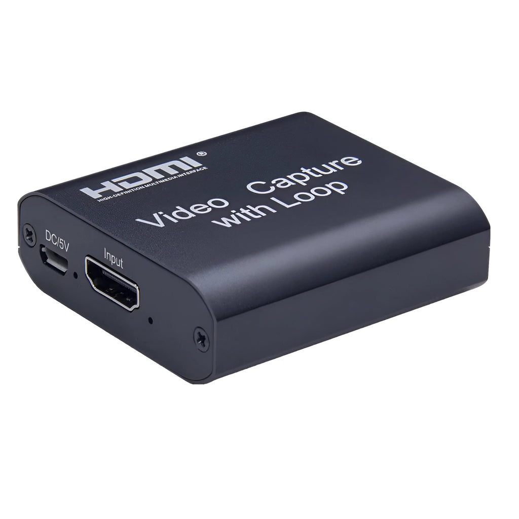 Black HDMI 4K video capture card with USB interface and loop out for high-definition acquisition