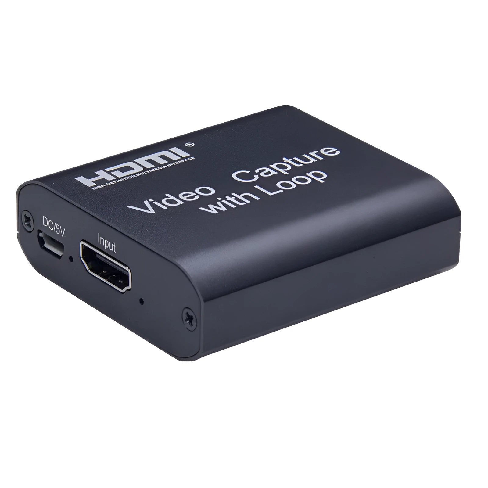 Black HDMI 4K video capture card with USB interface and loop out for high-definition acquisition