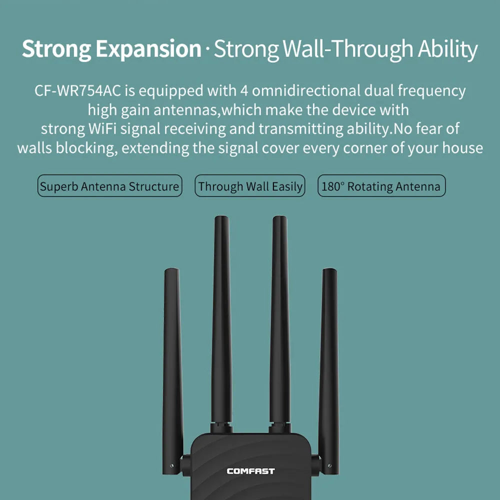 AC1200 dual band WiFi range extender with four antennas and four Ethernet ports in black colour