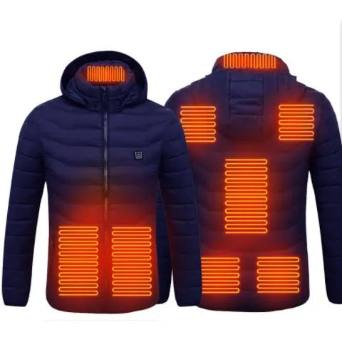 Men's USB electric heated jacket coat with removable hood, black zone 2, three heat settings
