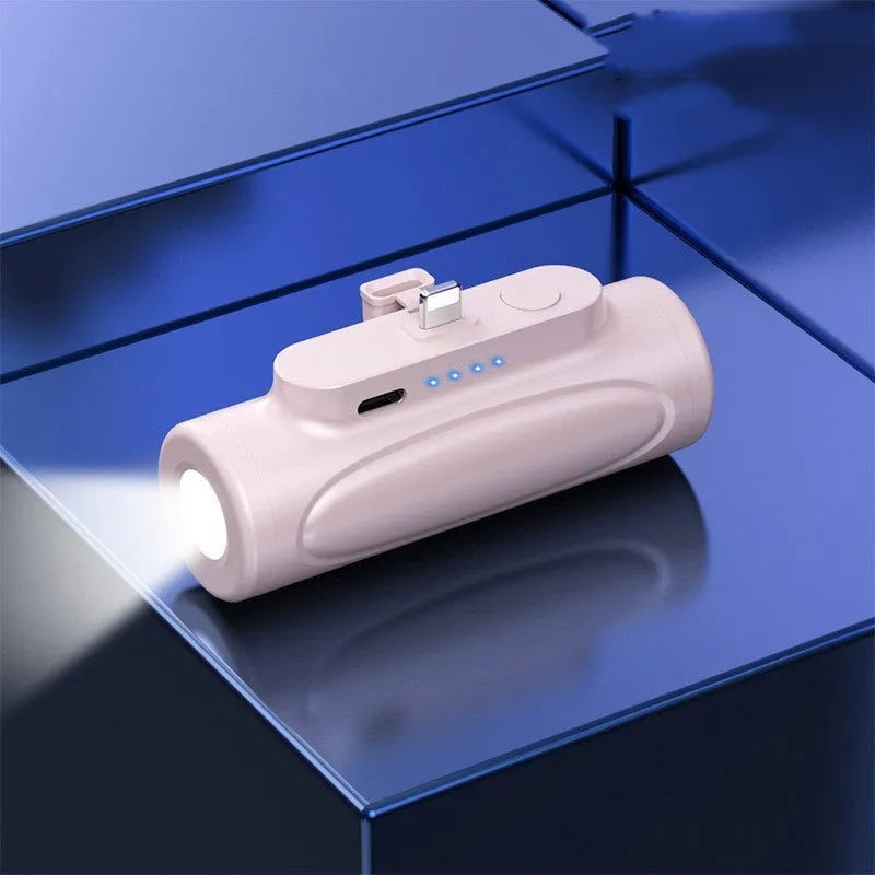 Creative Glare Power Bank with LED flashlight, shown in black and pink, displaying its compact size and charging ports.