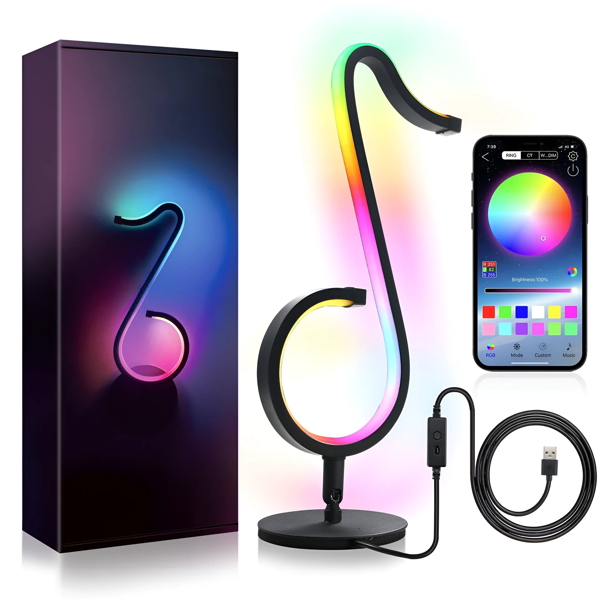 Black smart APP-controlled LED atmosphere light with 180-degree rotation on a desktop.