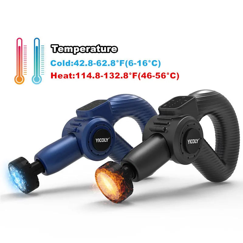 Black smart muscle massage gun with five different attachment heads on a grey background.