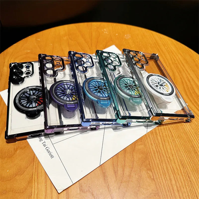 Samsung S23 phone case electroplated cool black with rotating gyro bracket and magnetic suction back