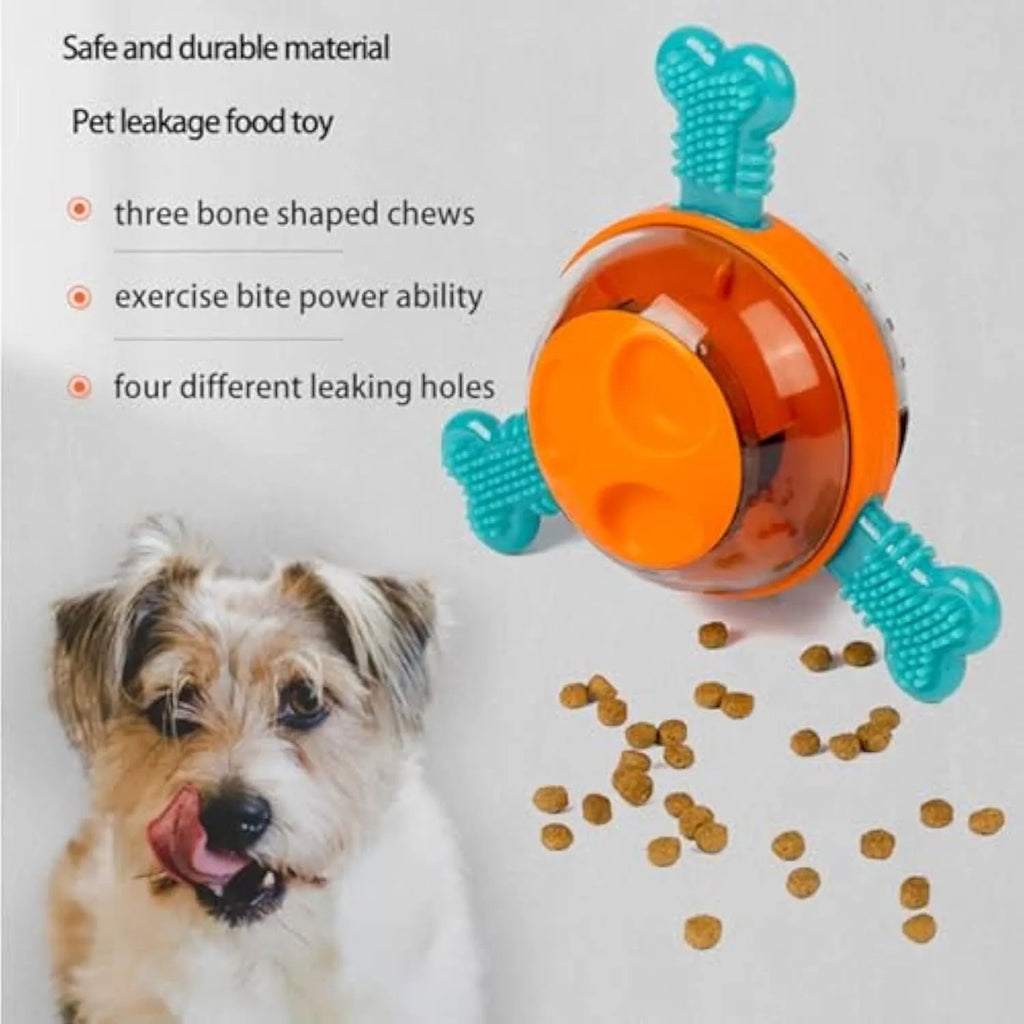 Blue rubber interactive dog chew toy and slow feed puzzle dispenser on a floor.