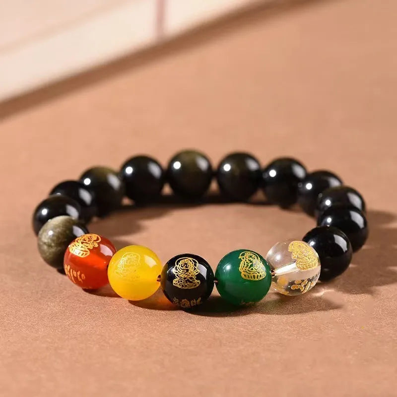 Men's rainbow eye obsidian and gold obsidian crystal bracelet with xiangyun motifs in New Chinese style
