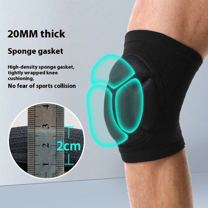 A pair of black thick sponge kneepads made from polyester fabric, shown on a knee.