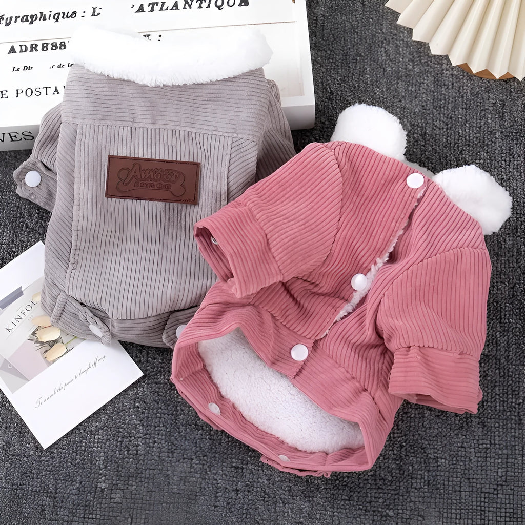 Lambswool grey fleece-lined padded vest for a dog, showing the wool lining and size label.
