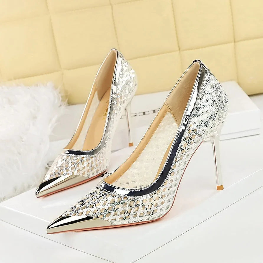 Women's pointed low-cut stiletto high heels in solid colour with super high heel over 8cm, rubber sole, and PU lining