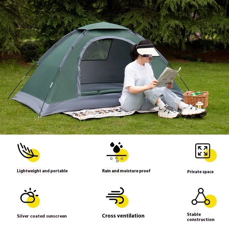 Single person manual camping tent unfolded showing interior space, with optional ground pad.