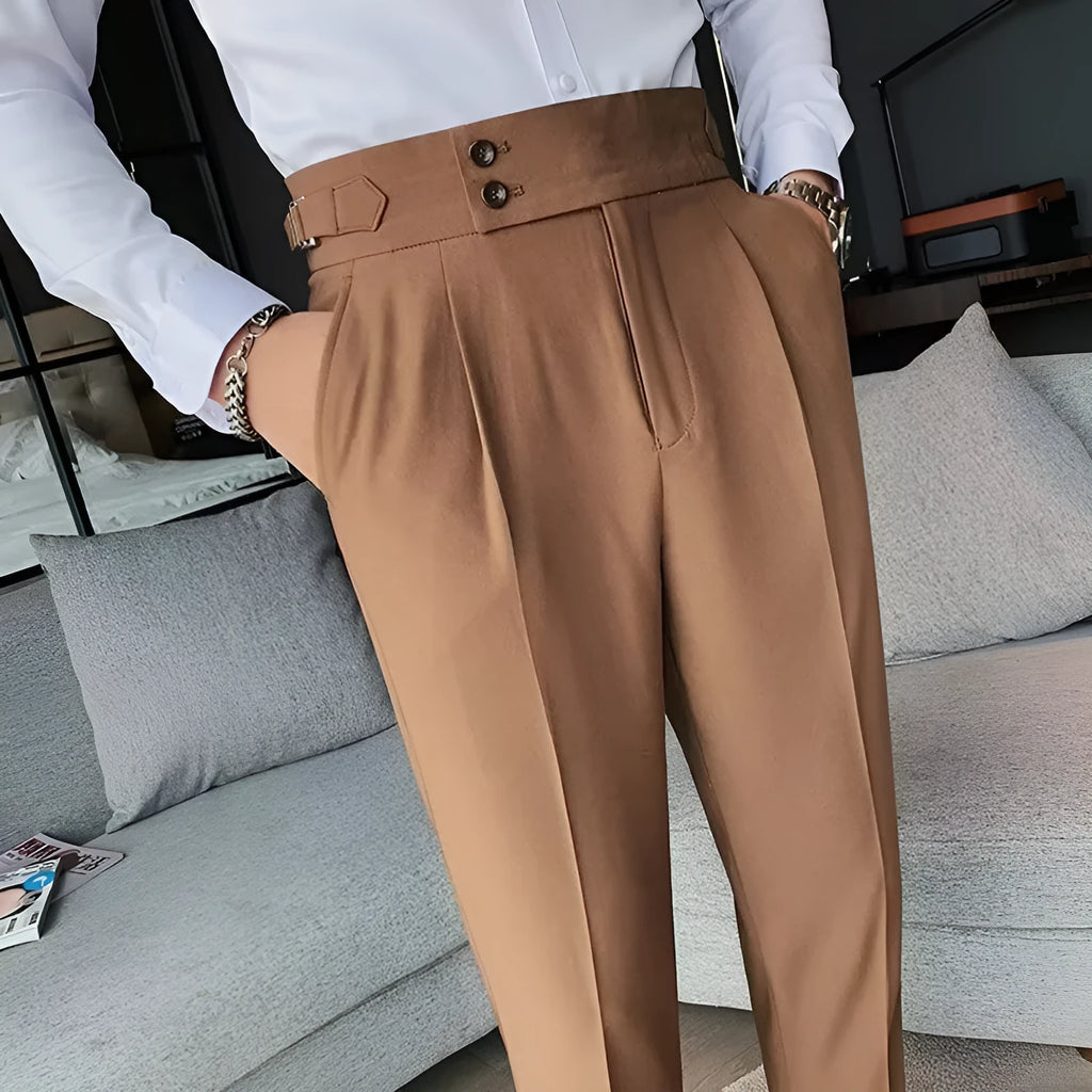 Retro high waist straight leg casual trousers in a cotton blend fabric, shown in a neutral colour.