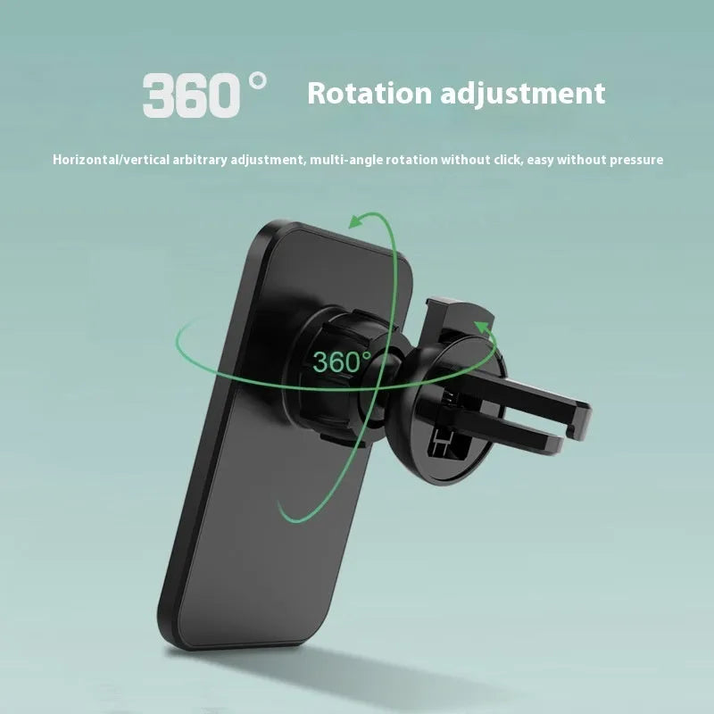Magnetic car wireless charger holder clipped to a car vent, black X-16 finish, holding a smartphone for hands-free charging and driving.