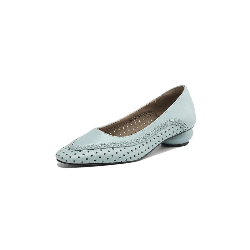 Women's light blue hollow-out mid heel sandals with round toe and sheepskin upper