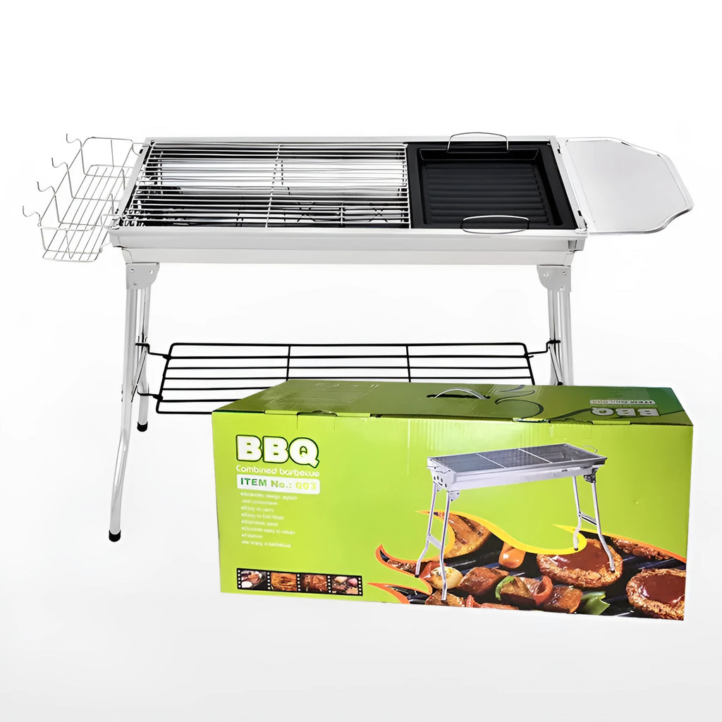 Stainless steel folding barbecue oven for outdoor use.