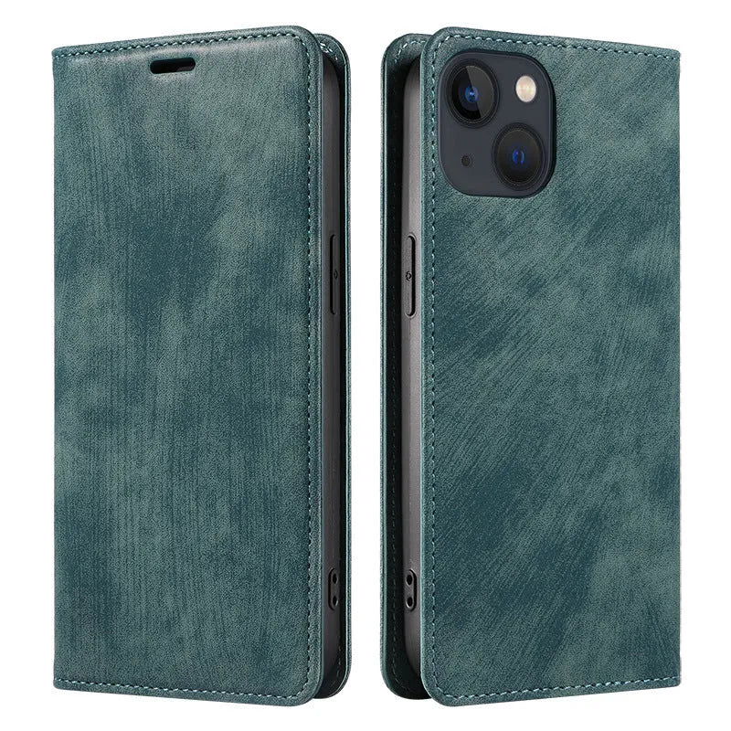 Magnetic flip phone case for iPhone in leather and TPU, shown closed with secure magnetic clasp.