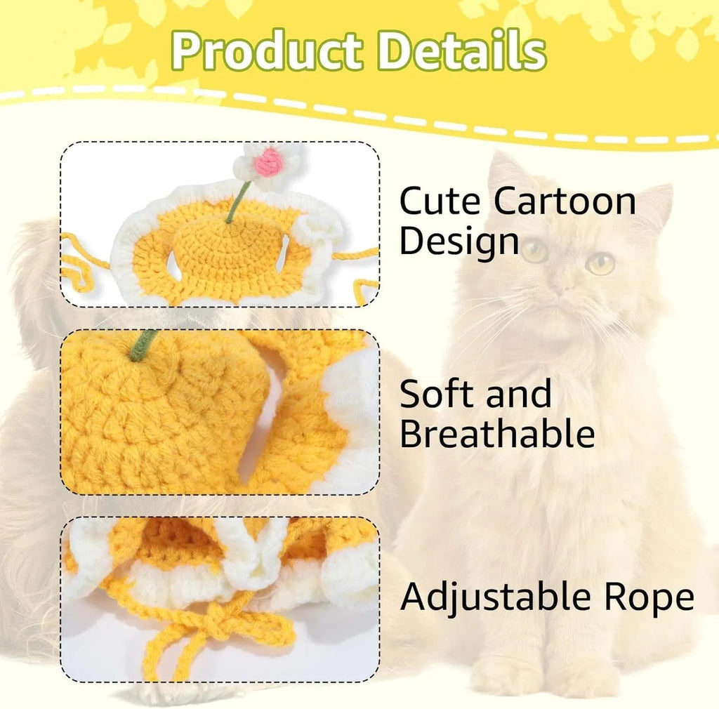 Knitted cat and dog hat in green pink yellow colours with cartoon design for pets