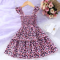 Children sleeveless smocking leopard print rainbow multicolor printed A-line dress on girl aged 4-5 years