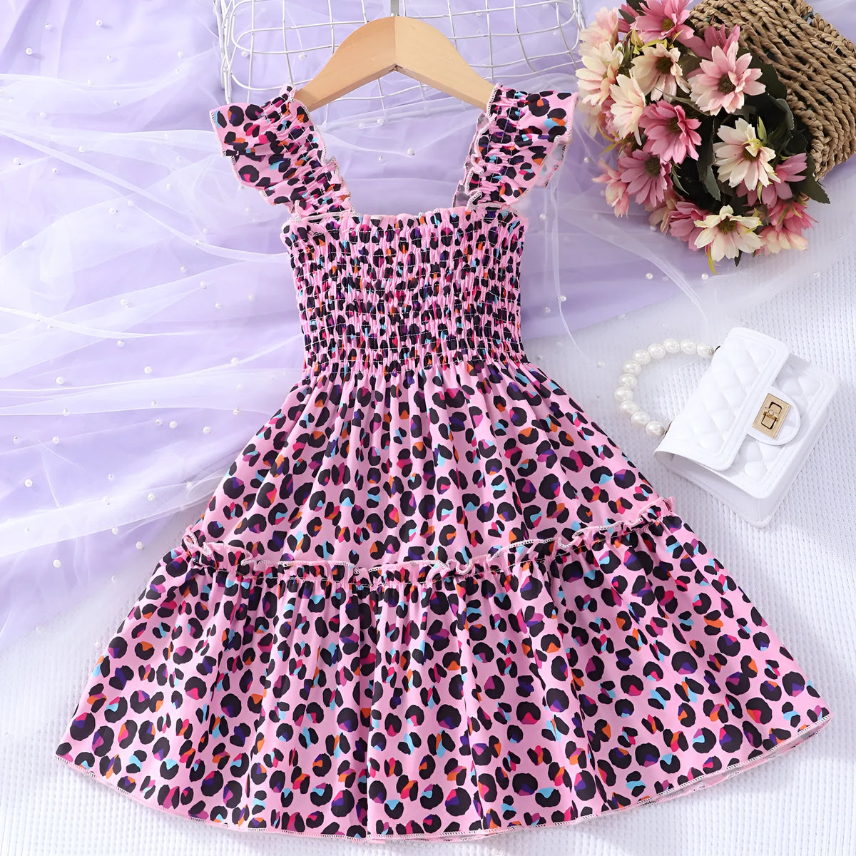 Children sleeveless smocking leopard print rainbow multicolor printed A-line dress on girl aged 4-5 years